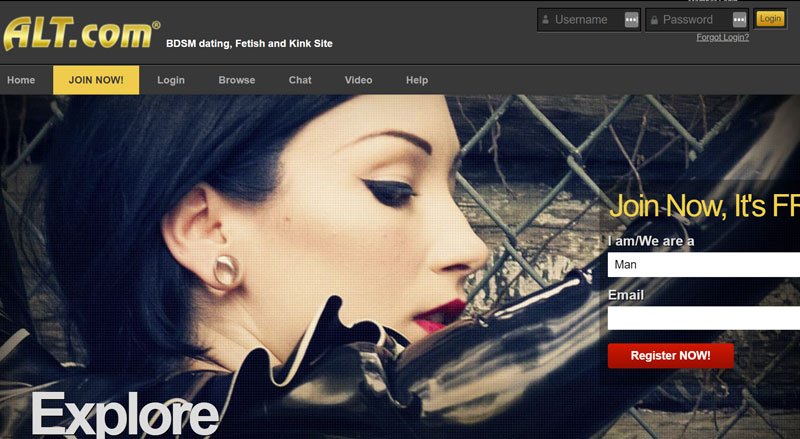 Alt.com homepage showing BDSM and fetish dating features