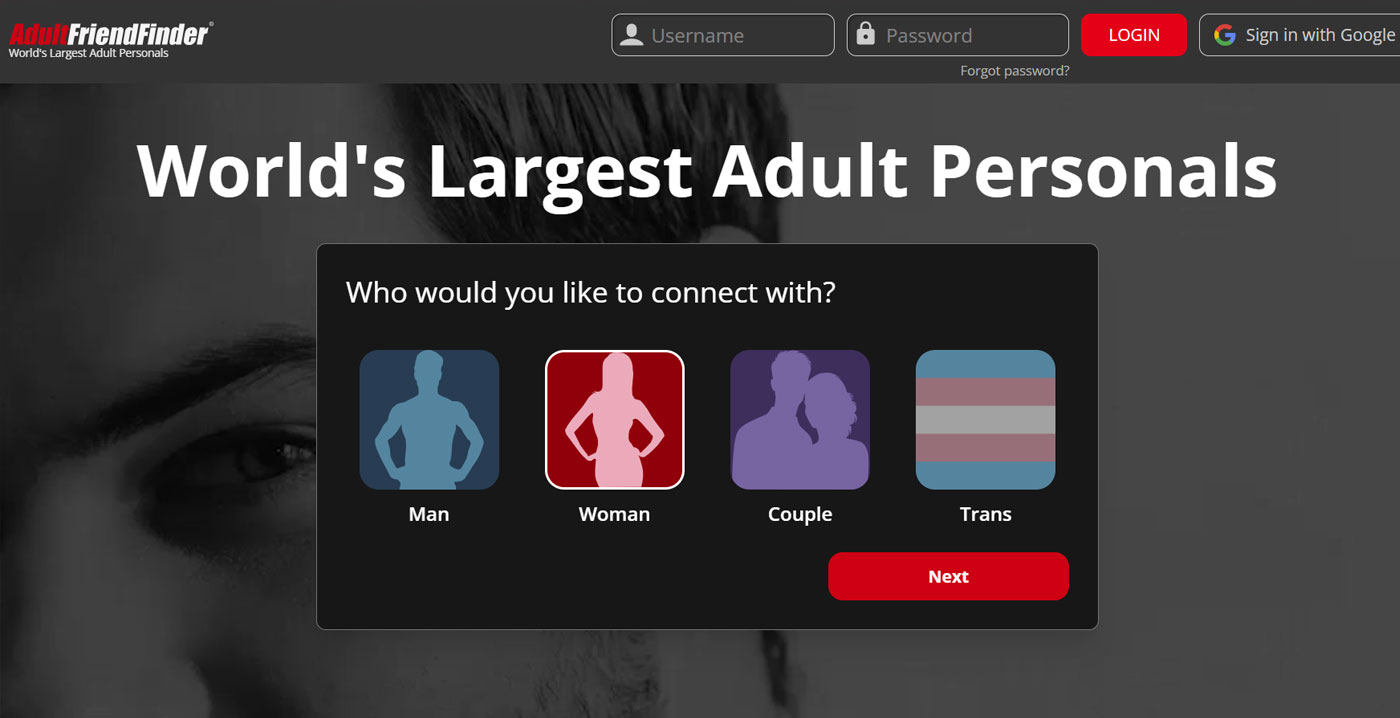 AdultFriendFinder homepage showing profiles and search interface