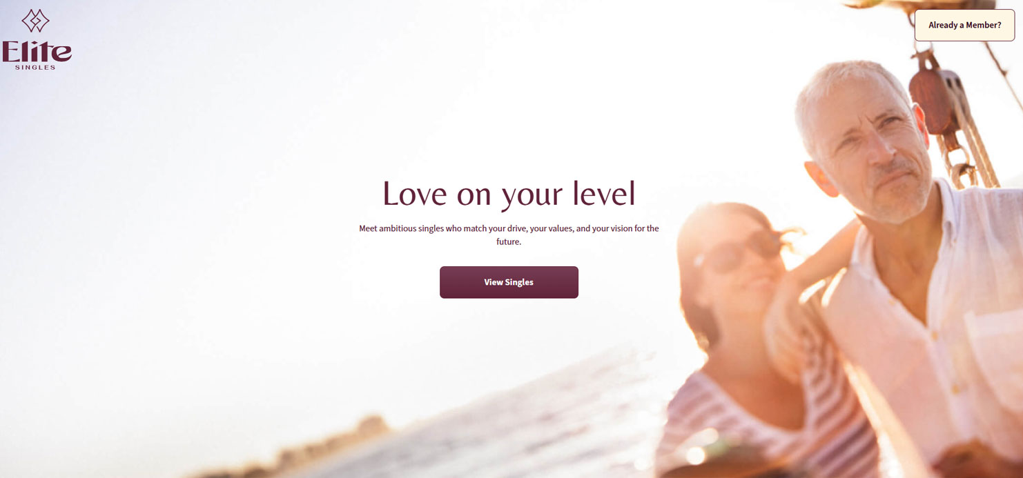Elite Singles homepage showing compatibility-based dating and profile matching