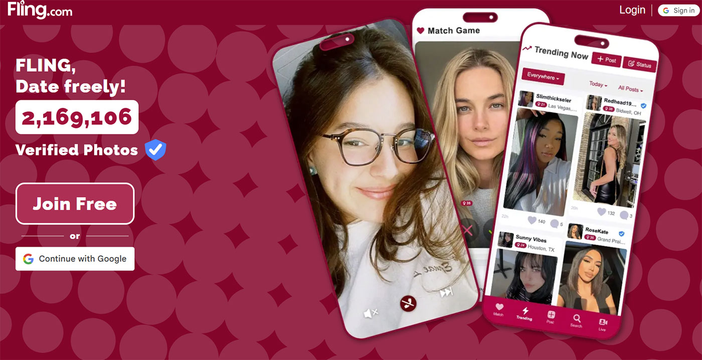 Fling homepage showing user profiles and browsing interface