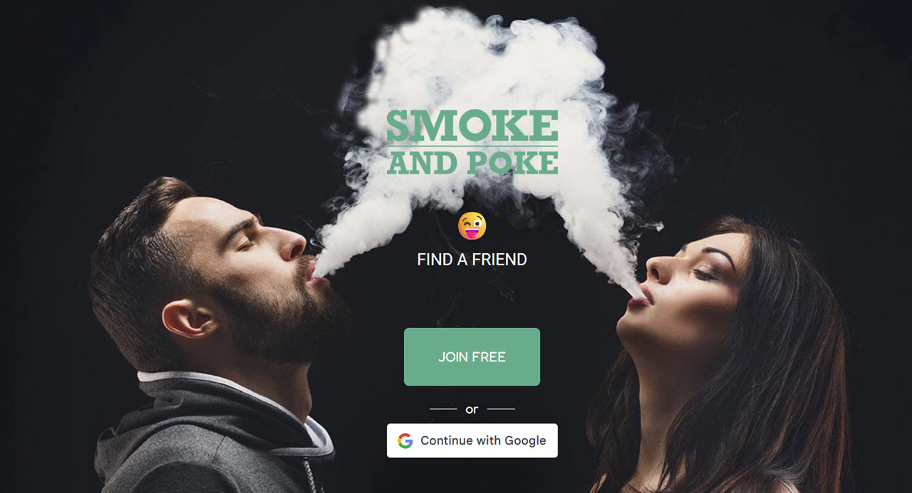 Smoke and Poke homepage showing profiles and 420-friendly dating layout