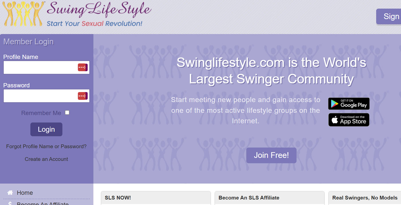 SwingLifestyle homepage showing swinger profiles and community search tools